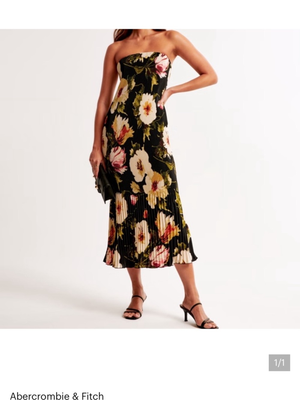 Abercrombie & Fitch Black Floral Strapless Pleated Midi